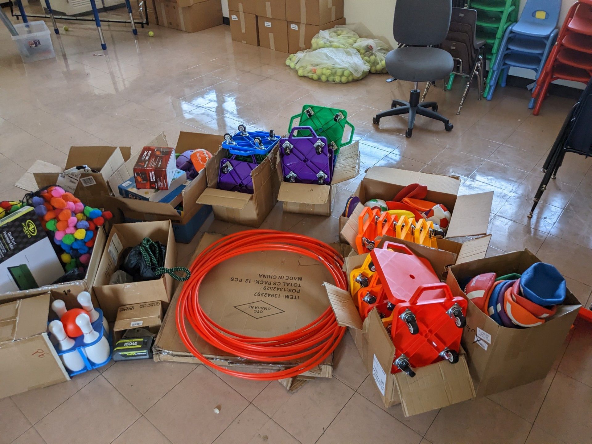 Boxes of physical education equipment purchases through an American Heart Association grant