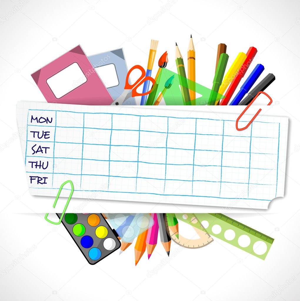 Stock Photo of School Supplies With Text Mon Tue Sat Thu Fri Linking to Sample Schedule PDF